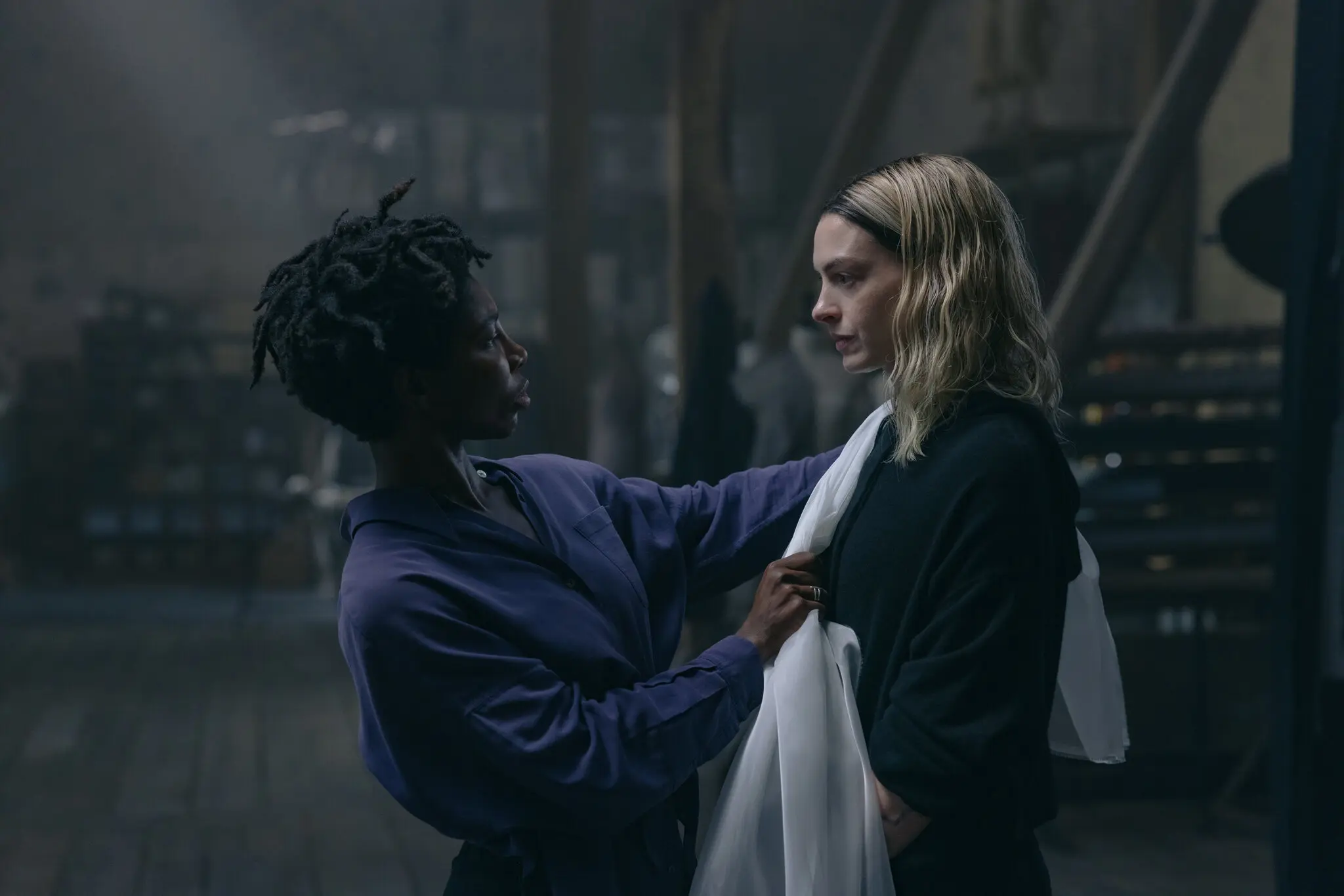 Anne Hathaway’s title character is a pop star who contacts Sam Anselm (Michaela Coel), left, a renowned fashion designer. Credit...Eric Zachanowich/A24
